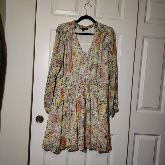 Boston Proper Paisley Bell Sleeves Metallic Threaded Mini Dress Smocked Waist - Picture 3 of 14